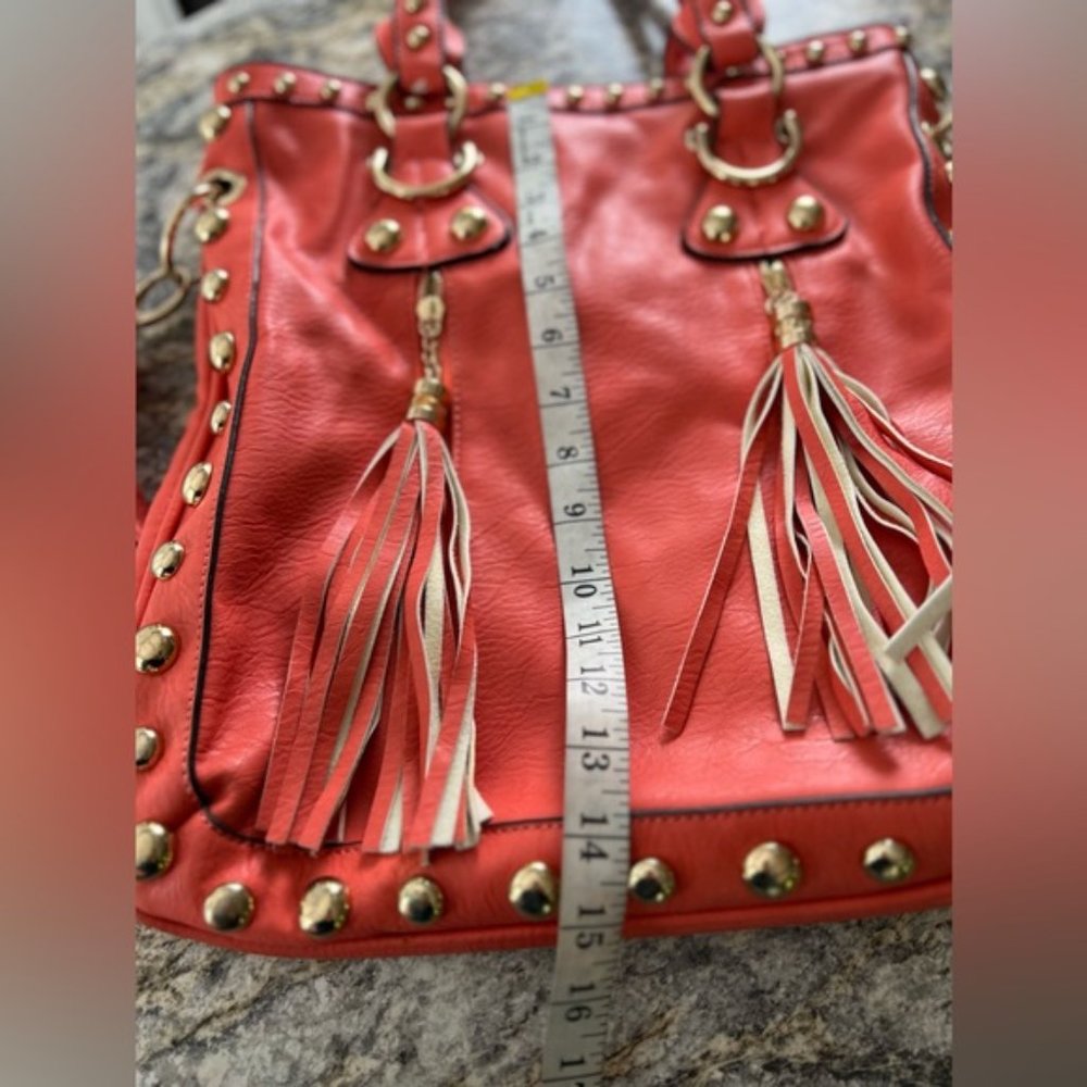 Coral Orange Vegan Leather Gold Studded Oversized Tote Bag With Adjustable Strap - Picture 15 of 16